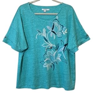 Chicos Floral Embroidered Linen Top Size 3 XL Shirt Sleeve Coastal